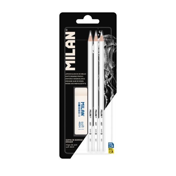 Milan Pack de 3 Lapices + 1 Goma para Dibujo - Mina Blanca para Papel Oscuro - Miga de Pan Flexible - Color Blanco
