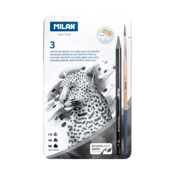 Milan Pack de 3 Lapices de Grafito Acuarelables Surtidos + Sacapuntas + Goma de Borrar + Pincel - Caja Metalica - Bandeja Interior - Color Gris Oscuro
