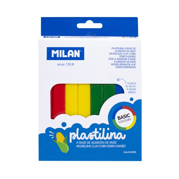 Milan Pack de 4 Barras de Plastilina de Colores - 100% Vegetal - Muy Moldeable - No Se Seca - Colores Mezclables - 330g - Colores Surtidos