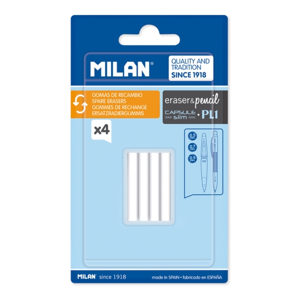Milan Pack de 4 Gomas de Recambio para Portaminas - Compatible con Capsule, Slim y Pl1 - Color Blanco