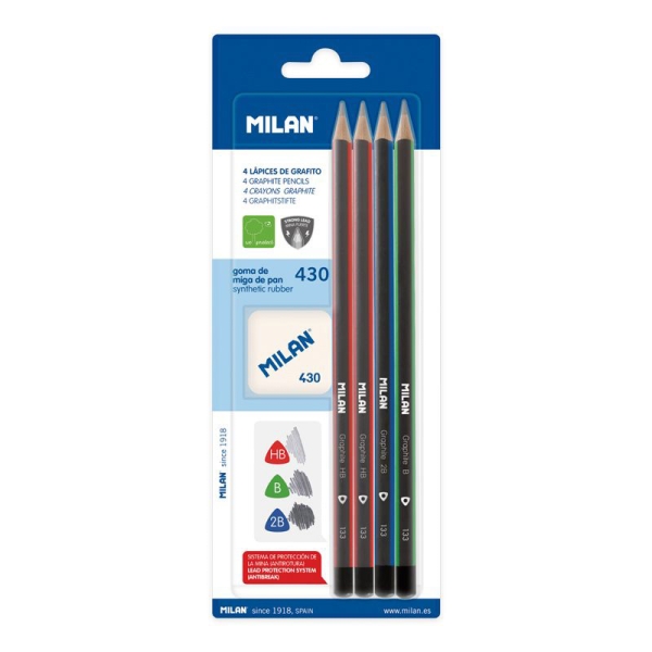 Milan Pack de 4 Lapices + Goma de Borrar 430 - Triangulares - Durezas Surtidas - Colores Surtidos