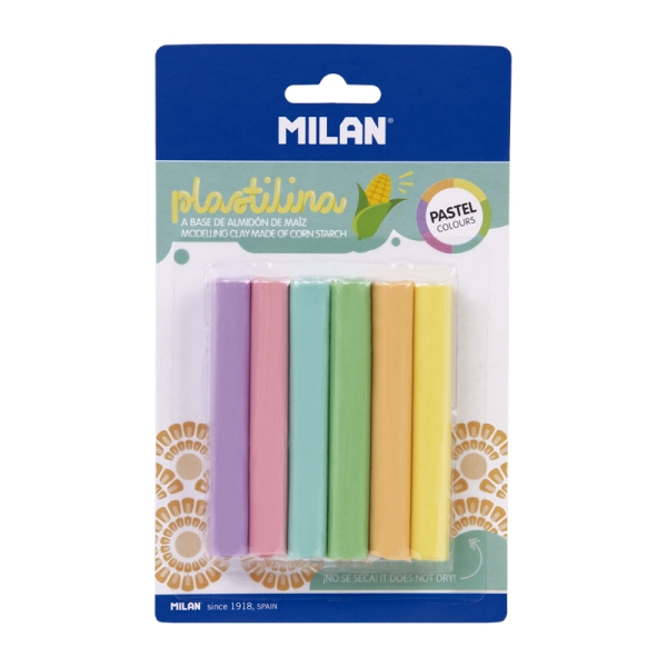 Milan Pack de 6 Barritas Plastilina de Colores - 100% Vegetal - Muy Moldeable - No Se Seca - Colores Mezclables - 70g - Colores Surtidos