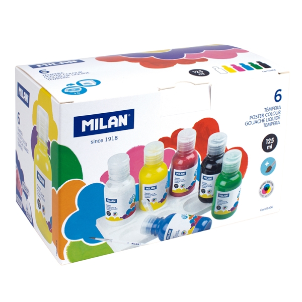 Milan Pack de 6 Botellas de Tempera - 125ml por Unidad - Incluye Pincel - Mezclable - Secado Rapido - Colores Surtidos