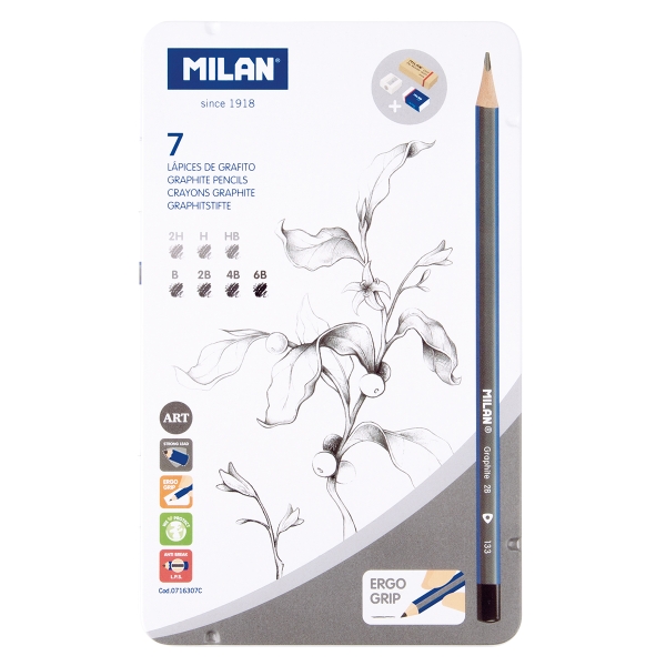 Milan Pack de 7 Lapices + 1 Sacapuntas + 1 Gomas de Caucho + 1 Goma de Miga de Pan - Grado de Durezas Surtidas - Caja Metalica - Durezas Surtidas - Color Gris Oscuro