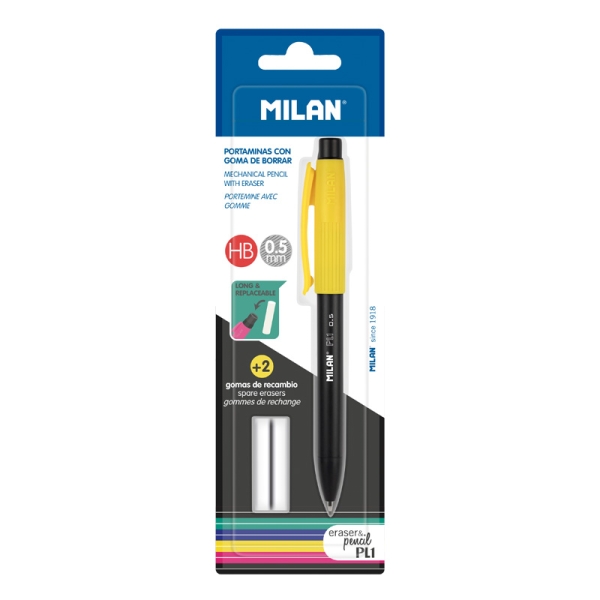Milan Pl1 Portaminas 0.5mm - Incluye 2 Gomas de Recambio - Colores Surtidos