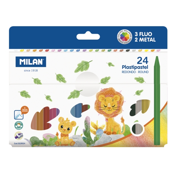 Milan Plastipastel Pack de 24 Ceras de Colores Redondas - Contiene 3 Ceras Fluo y 2 Metal - Colores Surtidos