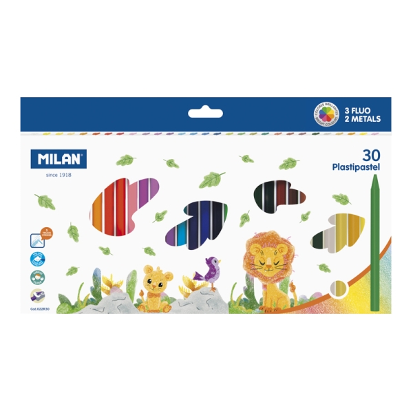 Milan Plastipastel Pack de 30 Ceras de Colores Redondas - Contiene 3 Ceras Fluo y 2 Metal - Colores Surtidos