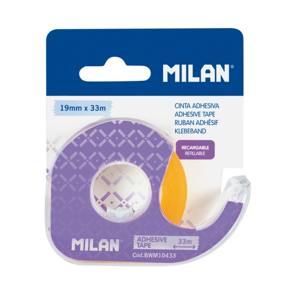 Milan Portarrollos con Cinta Adhesiva - Cinta Amarillo Transparente - Hoja de Corte Metalica - 19mm x 33m - Color Lila