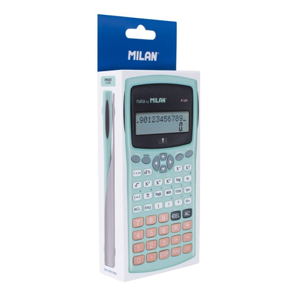 Milan M240 Silver Calculadora Cientifica 10+2 Digitos - Pantalla de 2 Lineas - 240 Funciones Integradas Incluyendo 124 Cientificas - Carcasa Protectora - Color Turquesa