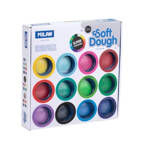 Milan Soft Dough Pack de 16 Botes de Pasta Blanda - 8 Basicos - 4 Neon - 4 Glitter o Purpurina - 30g por Unidad - 100% Vegetal - Moldeable - Sin Residuos - Colores Mezclables - Colores Surtidos