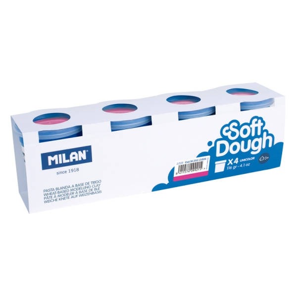 Milan Soft Dough Pack de 4 Botes de Pasta Blanda - 100% Vegetal - Moldeable - Sin Residuos - Colores Mezclables - 116g por Unidad - Color Rosa