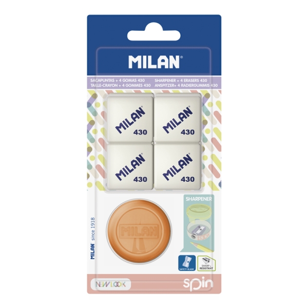 Milan Spin New Look Pack de Sacapuntas + 4 Gomas 430 - Colores Surtidos