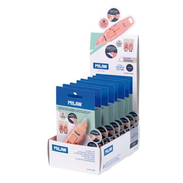 Milan Stick 1918 Expositor con 8 Blisters de Cuters - Hoja Ceramica Reemplazable - Bloqueo de Seguridad - Ergonomico - Color Rosa