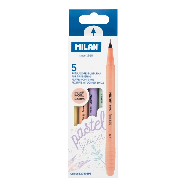 Milan Sway Fineliner Pack de 5 Rotuladores Punta Fina Sway Pastel Fineliner 0.4mm - Tinta al Agua - Punta Fina 0.4mm - Colores Surtidos
