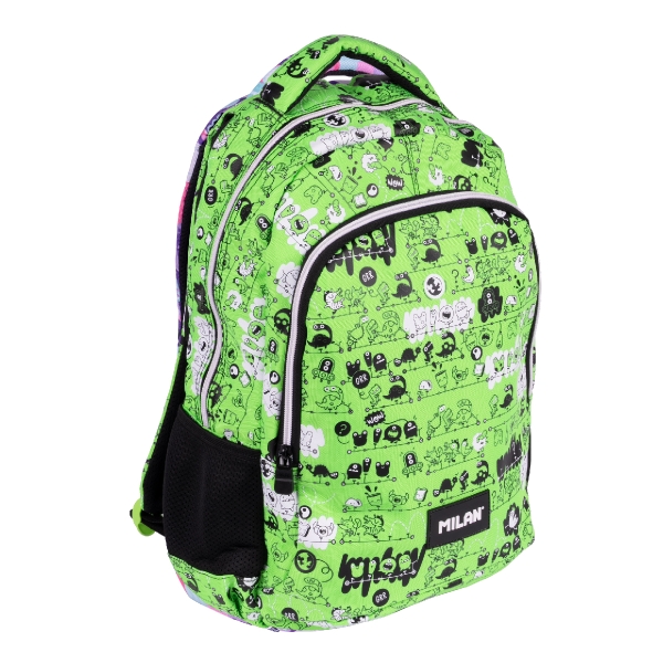 Milan Tandem 2 Mochila Escolar 21L - Bolsillos Laterales de Malla - Compartimento Interior para Portatil - 2 Cremalleras - 45x30x12cm - Color Verde