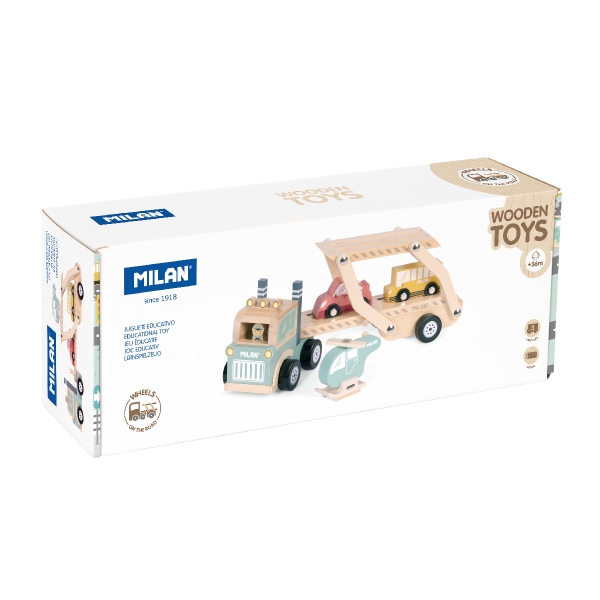 Milan Wheels On The Road Juguete Educativo de Madera - 4 Vehiculos - Promueve Imaginacion - Multicolor
