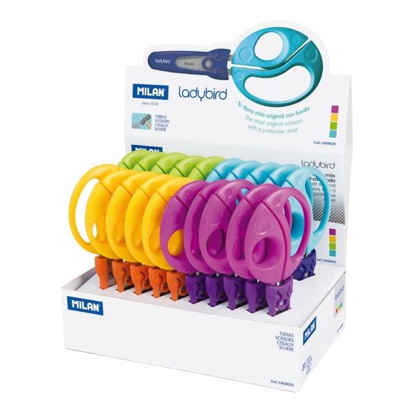 Milan Ladybird Expositor con 20 Tijeras con Funda - Mango Ergonomico - Punta Redondeada - Acero Inoxidable de 15cm - Colores Surtidos