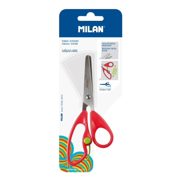Milan Return Blister de Tijeras Return Rojas - Mango Ergonomico - Punta Redondeada - Acero Inoxidable de 14.4cm - Color Rojo