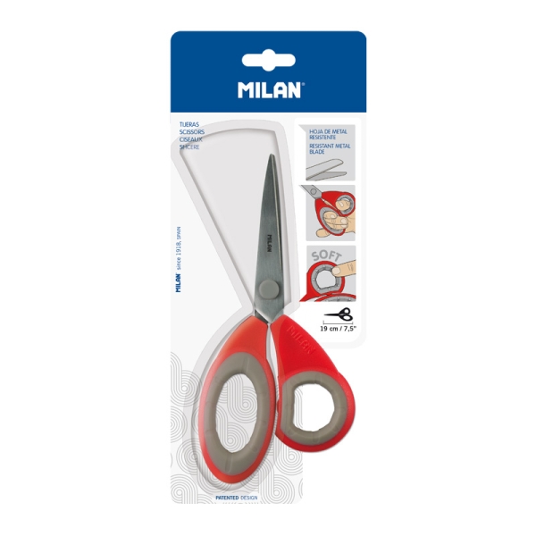 Milan Tijeras de Oficina de 19cm - Mango Ergonomico - Hoja de Acero Inoxidable - Color Rojo