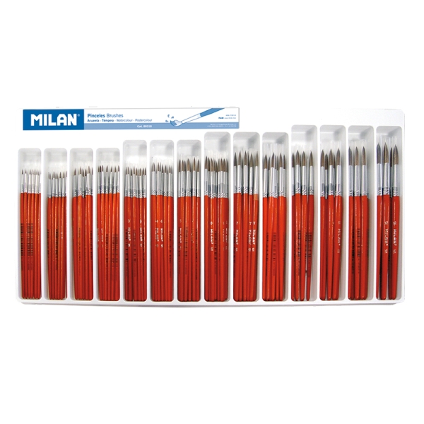 Milan 101 Pack de 144 Pinceles Escolares Redondos - Pelo de Cabra y Sintetico - Formatos Surtidos - Mango de Madera - Color Marron