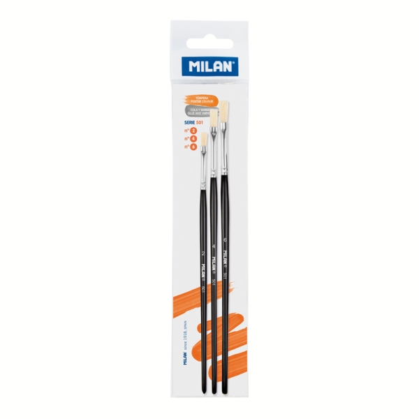 Milan 501 Pack de 3 Pinceles Planos - Cerda Natural - Formatos Surtidos - Color Negro