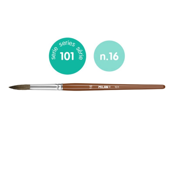 Milan 101 Pack de 6 Pinceles Escolares Redondos Numero 16 - Bolsa con Colgador - Pelo de Cabra y Sintetico - Color Madera Oscuro