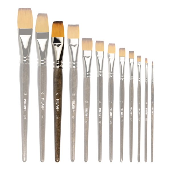 Milan 321 Pack de 3 Pinceles Planos Numero 20 - Bolsa con Colgador - Pelo Sintetico - Color Madera Oscuro