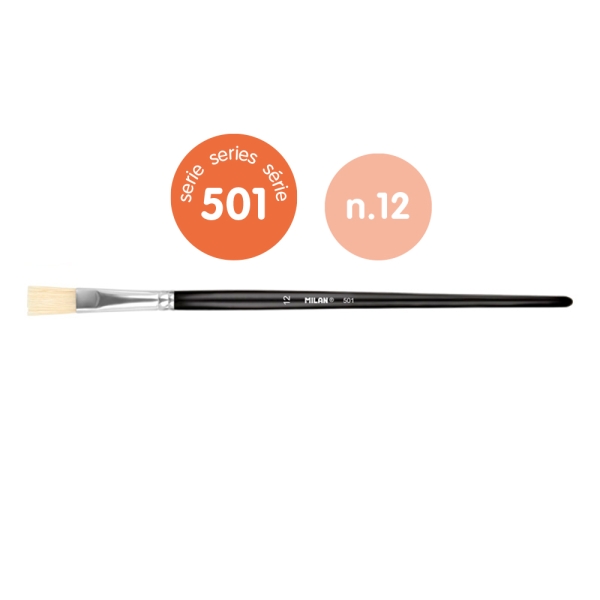 Milan 501 Pack de 6 Pinceles Planos Numero 12 - Bolsa con Colgador - Cerda Natural - Color Negro