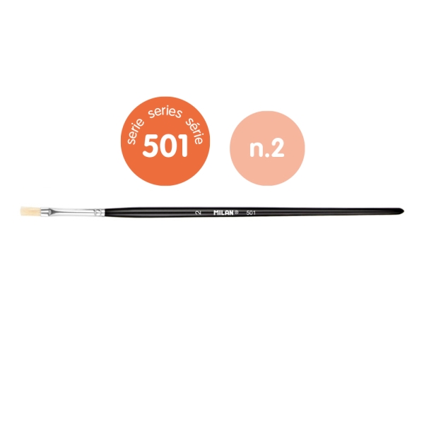 Milan 501 Pack de 6 Pinceles Planos Numero 2 - Bolsa con Colgador - Cerda Natural - Color Negro