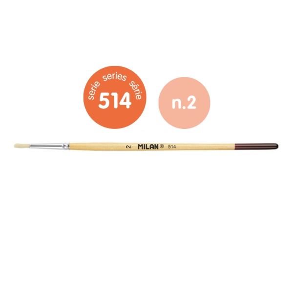 Milan 514 Pack de 12 Pinceles Redondo - Mango Corto Numero 2 - Bolsa con Colgador - Cerda Natural - Color Madera Claro