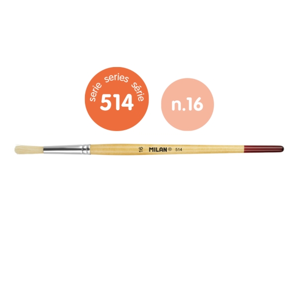 Milan 514 Pack de 6 Pinceles Redondo - Numero 16 - Bolsa con Colgador - Cerda Natural - Mango Corto - Color Madera Claro