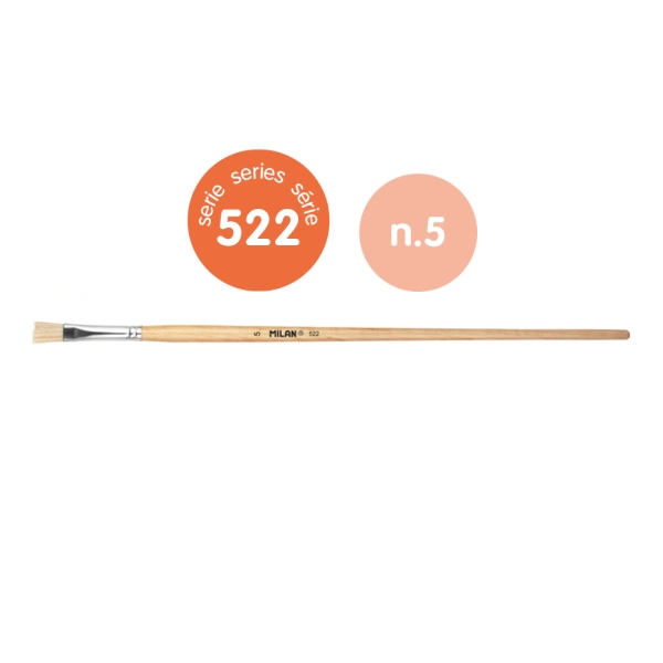 Milan 522 Pack de 6 Pinceles Planos para Oleo Numero 5 - Bolsa con Colgador - Cerda Natural - Color Madera Claro