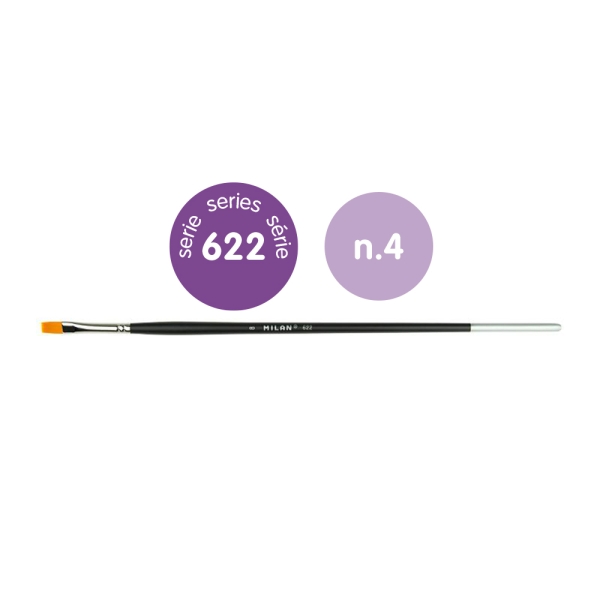 Milan 612 Premium Synthetic Pack de 6 Pinceles Planos Numero 4 - Bolsa con Colgador - Pelo Sintetico - Mango Largo - Color Negro
