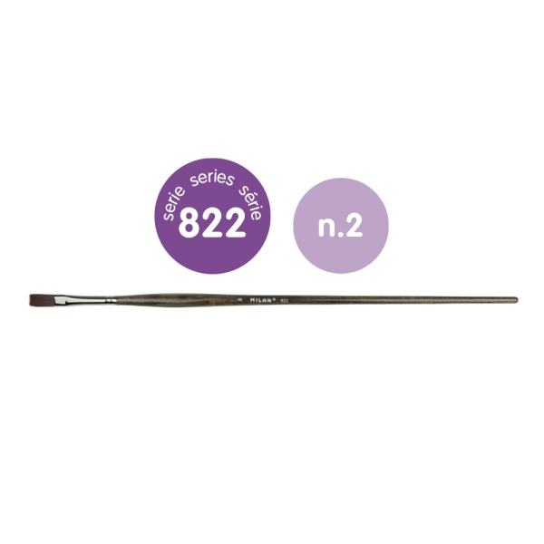 Milan 822 Pack de 6 Pinceles Planos Numero 2 - Bolsa con Colgador - Pelo Sintetico - Mango Ergonomico - Color Madera Oscuro