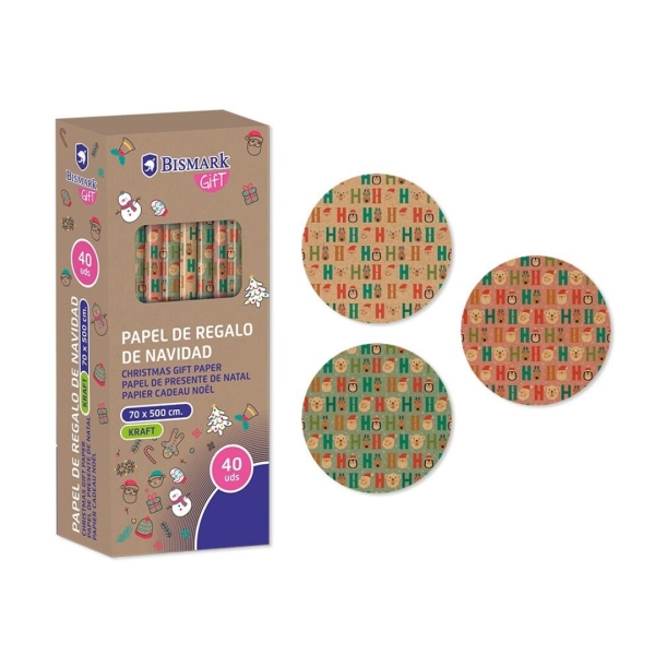 Bismark Kraft Hohoho Rollo de Papel Kraft Regalo - Medidas 70cmx500cm - 3 Diseños Diferentes