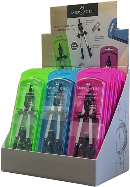 Faber-Castell Expositor de 15 Compases de Ajuste con Tornillo Central - Articulaciones en ambos Brazos - Adaptador Universal - Bote con Minas