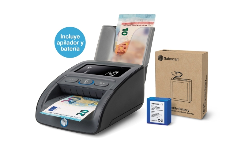 Safescan 155-S Pack de Detector Automatico de Billetes Falsos - Bateria y Apilador Incluidos - Verifica, Cuenta y Apila