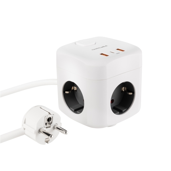 Nanocable Base de 3 Enchufes Schuko + 2x USB-A y 1x USB-C con Interruptor - Tecnologia GaN, PPS y PD 20W - Cable de 1.40m - Color Blanco