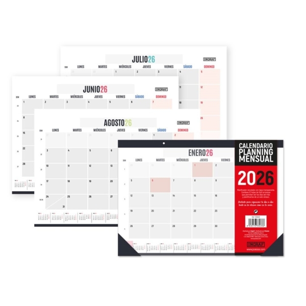 Ingraf Planificador de Mesa Mensual - Encolado con Tapa de Polipropileno - 12 Hojas de Faciles de Arrancar