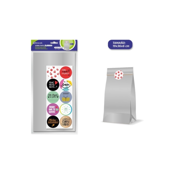 Bismark Pack de 10 Sobres Papel Kraft 50grs con 10 Pegatinas para Cierre - Medidas 19x36x6cm - Ideal para Regalos - Color Plata