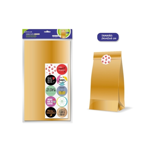 Bismark Pack de 10 Sobres Papel Kraft 50grs con 10 Pegatinas para Cierre - Medidas 24x42x6cm - Ideal para Regalos - Color Oro