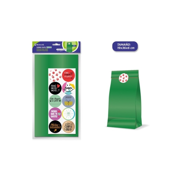 Bismark Pack de 10 Sobres Papel Kraft 50grs con 10 Pegatinas para Cierre - Medidas 19x36x6cm - Ideal para Regalos - Color Verde