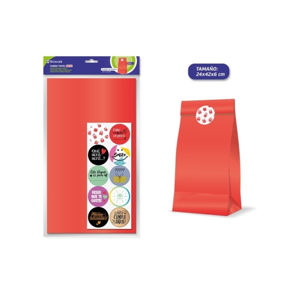 Bismark Pack de 10 Sobres Papel Kraft 50grs con 10 Pegatinas para Cierre - Medidas 24x42x6cm - Ideal para Regalos - Color Rojo