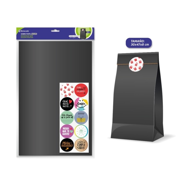 Bismark Pack de 10 Sobres Papel Kraft 50grs con 10 Pegatinas para Cierre - Medidas 30x47x8cm - Ideal para Regalos - Color Negro