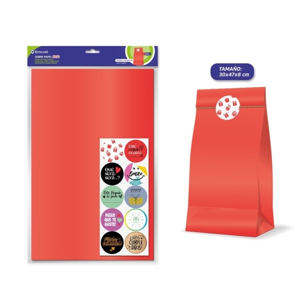 Bismark Pack de 10 Sobres Papel Kraft 50grs con 10 Pegatinas para Cierre - Medidas 30x47x8cm - Ideal para Regalos - Color Rojo