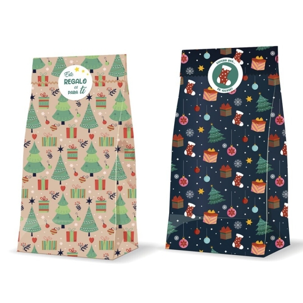 Bismark Pack de 3 Sobres Papel Kraft 60grs con 3 Pegatinas para Cierre - Medidas 20x42x8cm - Ideal para Regalos - 2 Diseños Navideños Aleatorios