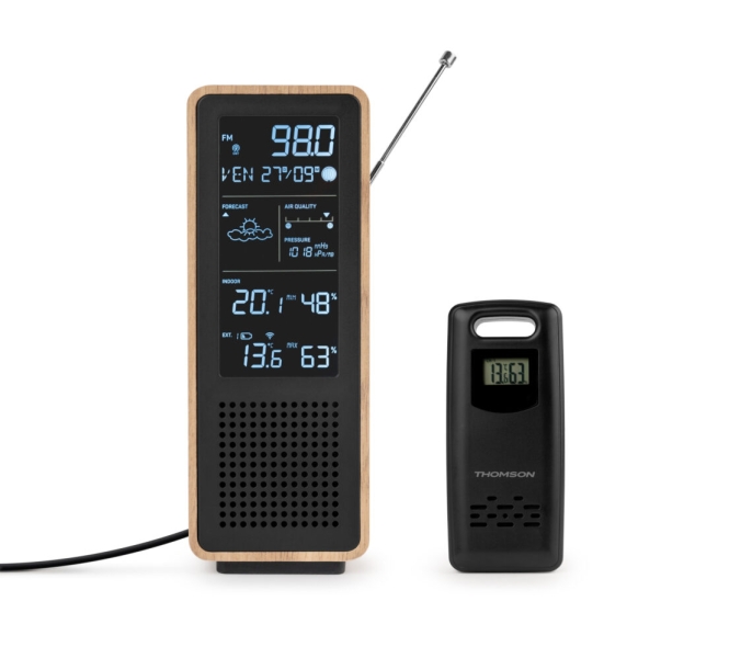 Thomson Altavoz Bluetooth con Estacion Meteorologica y Radio FM - Potencia Musical 15W - Pantalla Retroiluminada - Sonda Exterior Inalambrica - Color Madera y Negro