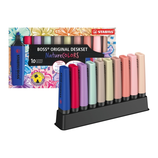 Stabilo Boss Naturecolors Pack de 10 Marcadores con Base para Escritorio - Incluye los 4 Nuevos Colores Wildflower - Trazo entre 2 y 5mm - Tinta con Base de Agua - Colores Surtidos
