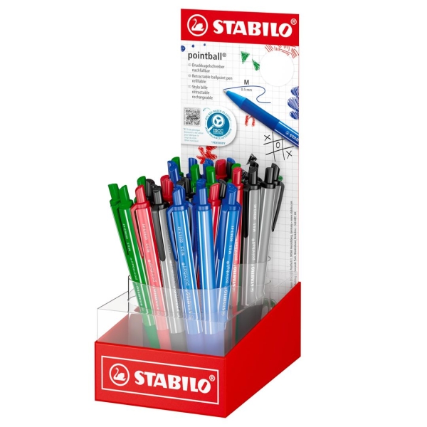 Stabilo Pointball Colorful Expositor con 38 Boligrafos Retractiles - Trazo 0.5mm - Hechos con 87% Bioplastico - Grip Antideslizante - Recargables - Colores Surtidos