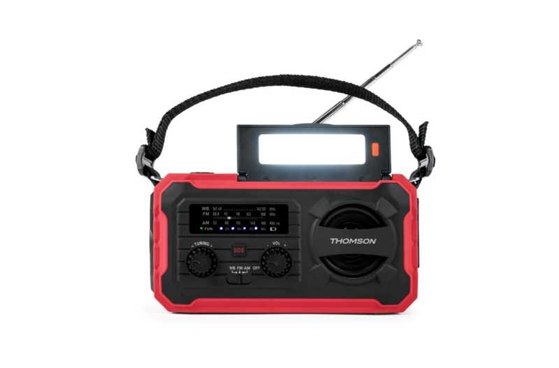 Thomson Radio Solar Portatil SOS - AM/FM - Bateria de 8000mAh - Linterna de Emergencia - 3 Modos de Carga - Funcion Powerbank - Color Rojo